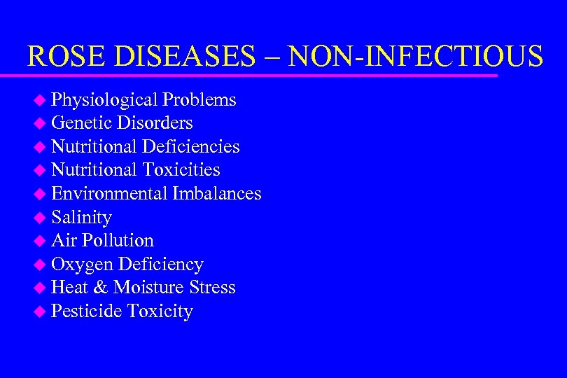 ROSE DISEASES – NON-INFECTIOUS u Physiological Problems u Genetic Disorders u Nutritional Deficiencies u