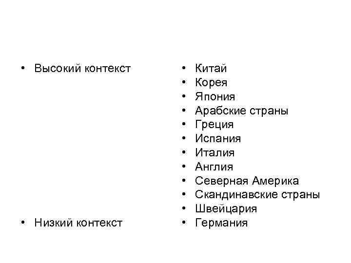  • Высокий контекст • Низкий контекст • • • Китай Корея Япония Арабские