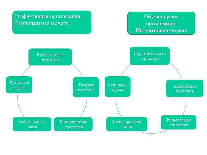 Эффективная организация Рациональная модель Обучающаяся организация Интуитивная модель Горизонтальная структура Вертикальная структкра Рутинные задачи