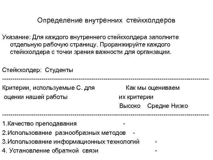 Определение внутренних стейкхолдеров Указание: Для каждого внутреннего стейкхолдера заполните отдельную рабочую страницу. Проранжируйте каждого