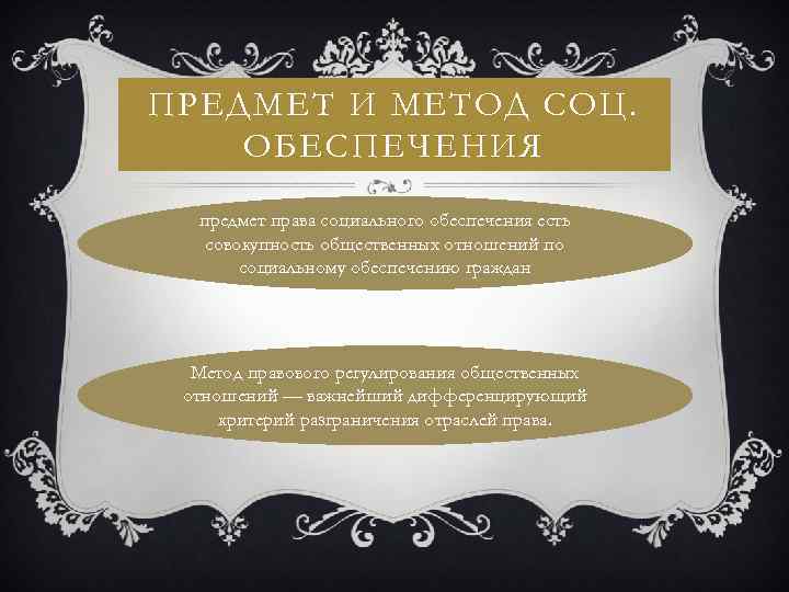 ПРЕДМЕТ И МЕТОД СОЦ. ОБЕСПЕЧЕНИЯ предмет права социального обеспечения есть совокупность общественных отношений по