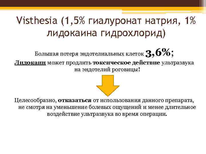 Visthesia (1, 5% гиалуронат натрия, 1% лидокаина гидрохлорид) Большая потеря эндотелиальных клеток 3, 6%;