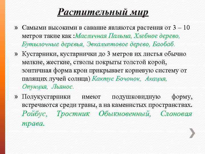 Растительный мир » Самыми высокими в саванне являются растения от 3 – 10 метров