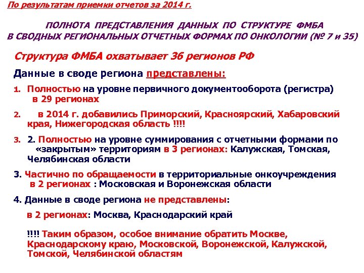 По результатам приемки отчетов за 2014 г. ПОЛНОТА ПРЕДСТАВЛЕНИЯ ДАННЫХ ПО СТРУКТУРЕ ФМБА В