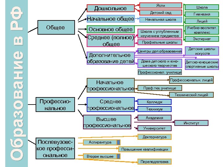 Образование в РФ Дошкольное Начальное общее Основное общее Среднее (полное) общее Дополнительное образование детей