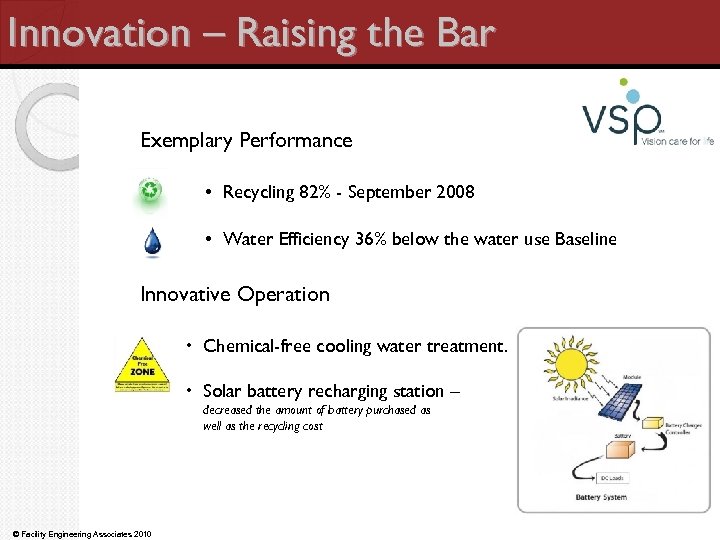 Innovation – Raising the Bar Exemplary Performance • Recycling 82% - September 2008 •