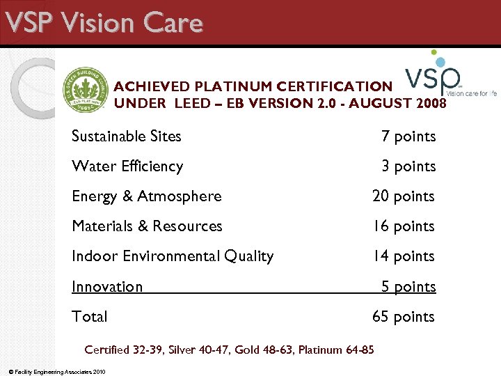 VSP Vision Care ACHIEVED PLATINUM CERTIFICATION UNDER LEED – EB VERSION 2. 0 -