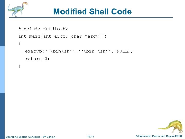 Modified Shell Code #include <stdio. h> int main(int argc, char *argv[]) { execvp(‘‘binsh’’, ‘‘bin
