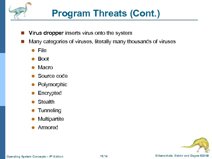 Program Threats (Cont. ) n Virus dropper inserts virus onto the system n Many
