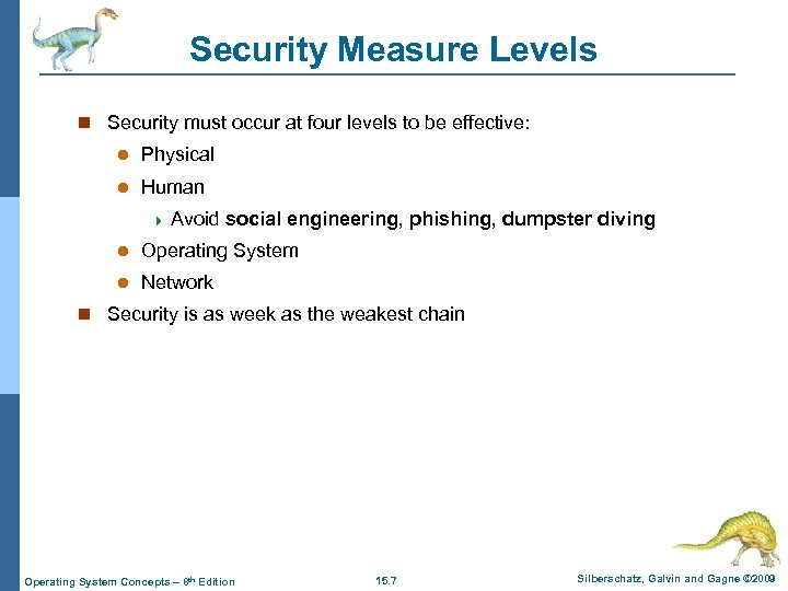 Security Measure Levels n Security must occur at four levels to be effective: l