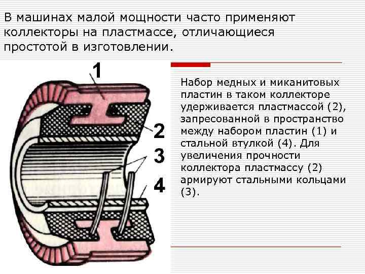 В машинах малой мощности часто применяют коллекторы на пластмассе, отличающиеся простотой в изготовлении. Набор