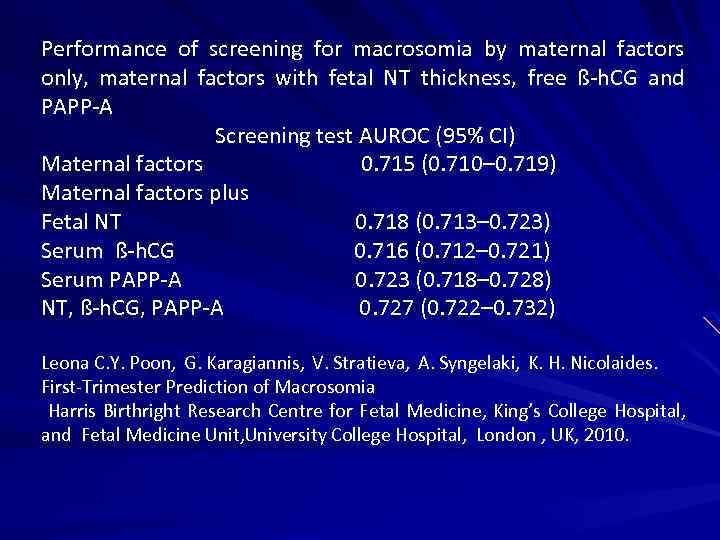 Performance of screening for macrosomia by maternal factors only, maternal factors with fetal NT