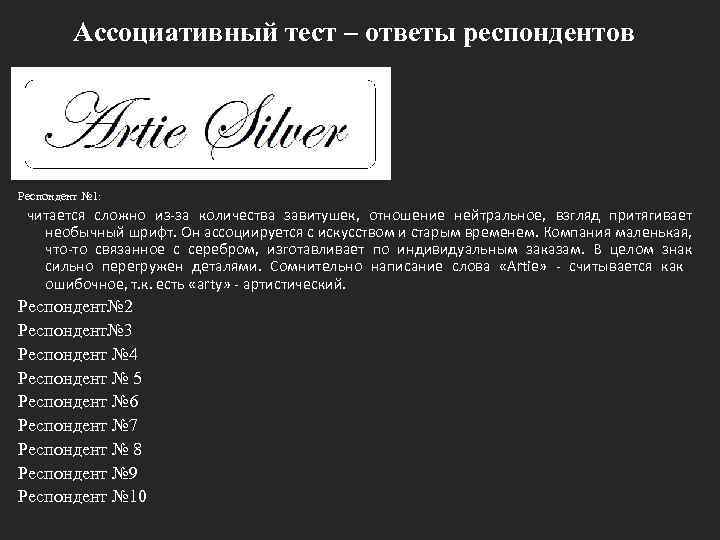 Ассоциативный тест – ответы респондентов Респондент № 1: читается сложно из-за количества завитушек, отношение