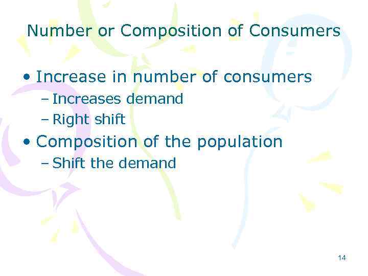 Number or Composition of Consumers • Increase in number of consumers – Increases demand