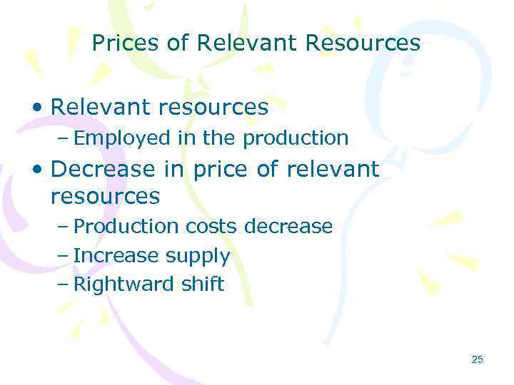 Prices of Relevant Resources • Relevant resources – Employed in the production • Decrease