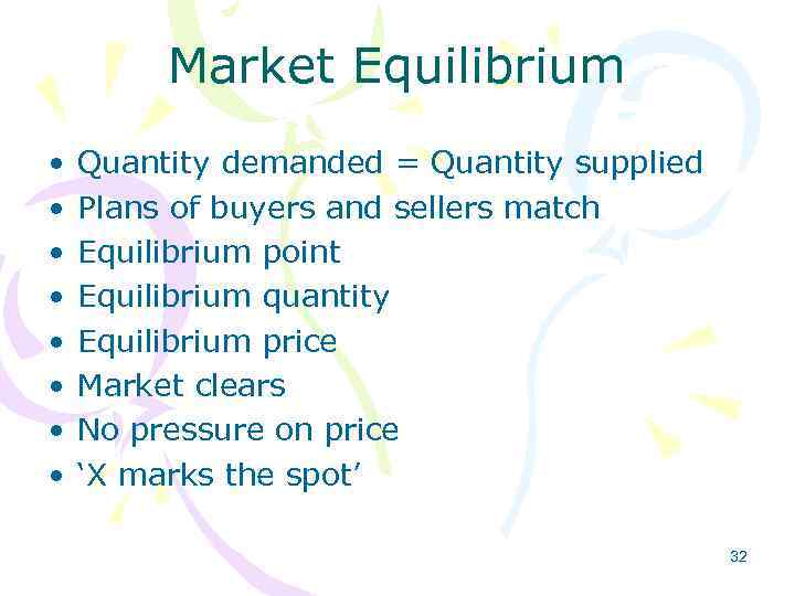 Market Equilibrium • • Quantity demanded = Quantity supplied Plans of buyers and sellers