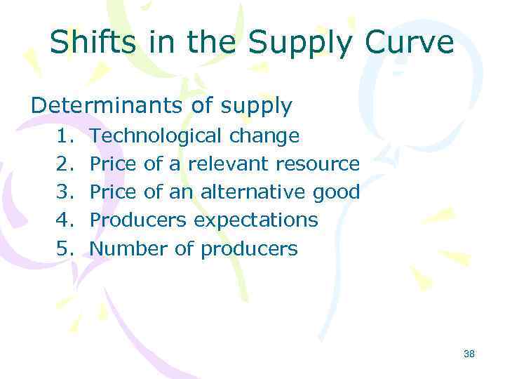 Shifts in the Supply Curve Determinants of supply 1. 2. 3. 4. 5. Technological