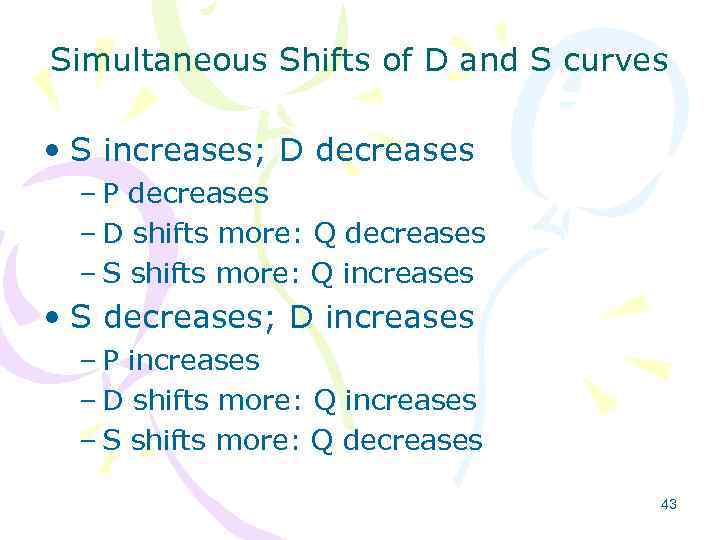 Simultaneous Shifts of D and S curves • S increases; D decreases – P