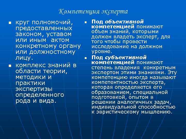 Компетенция эксперта n n круг полномочий, предоставленных законом, уставом или иным актом конкретному органу