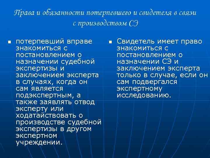 Права и обязанности потерпевшего и свидетеля в связи с производством СЭ n потерпевший вправе