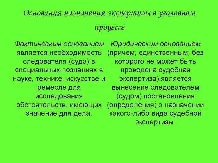 Основания назначения экспертизы в уголовном процессе Фактическим основанием Юридическим основанием является необходимость (причем, единственным,