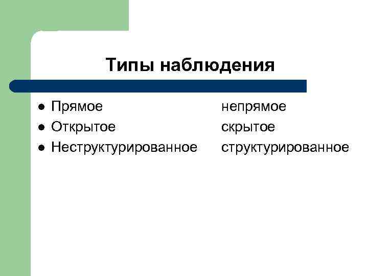 Типы наблюдения l l l Прямое Открытое Неструктурированное непрямое скрытое структурированное 