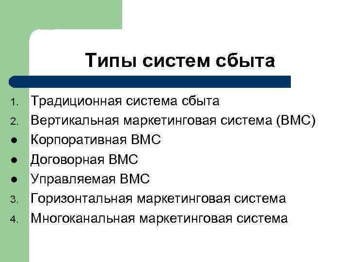 Типы систем сбыта 1. 2. l l l 3. 4. Традиционная система сбыта Вертикальная