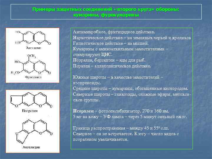 Примеры защитных соединений «второго круга» обороны: кумарины, фурокумарины Антимикробное, фунгицидное действие. Наркотическое действие –