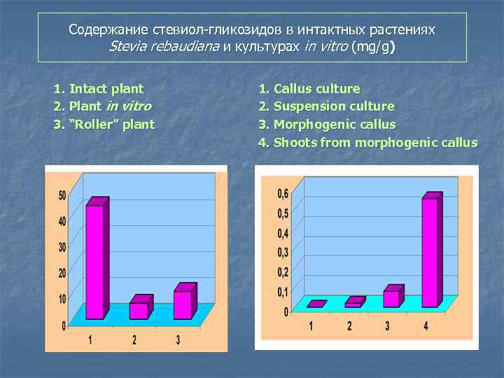 Содержание стевиол-гликозидов в интактных растениях Stevia rebaudiana и культурах in vitro (mg/g) 1. Intact