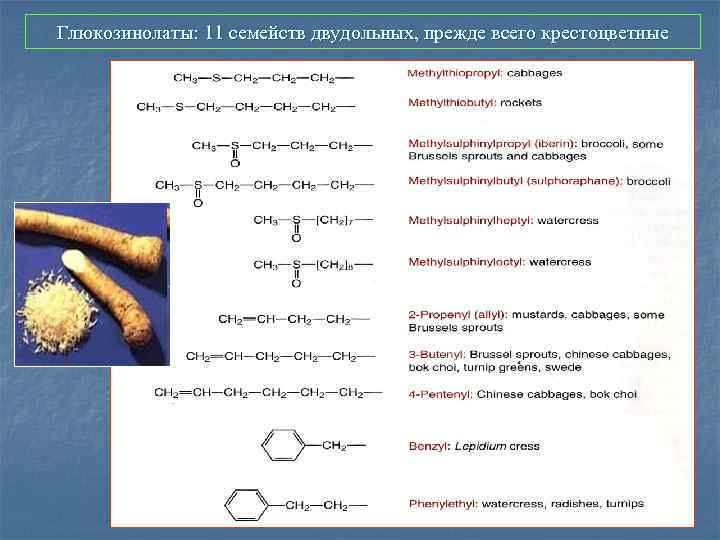 Глюкозинолаты: 11 семейств двудольных, прежде всего крестоцветные 