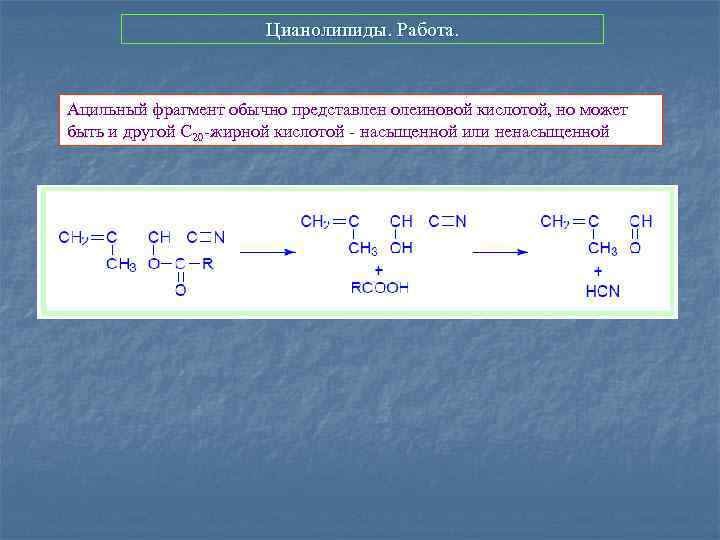 Цианолипиды. Работа. Ацильный фрагмент обычно представлен олеиновой кислотой, но может быть и другой С