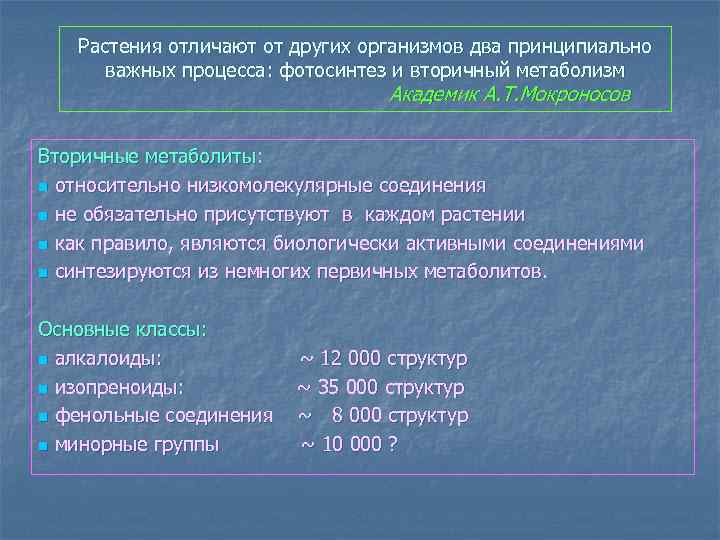 Растения отличают от других организмов два принципиально важных процесса: фотосинтез и вторичный метаболизм Академик