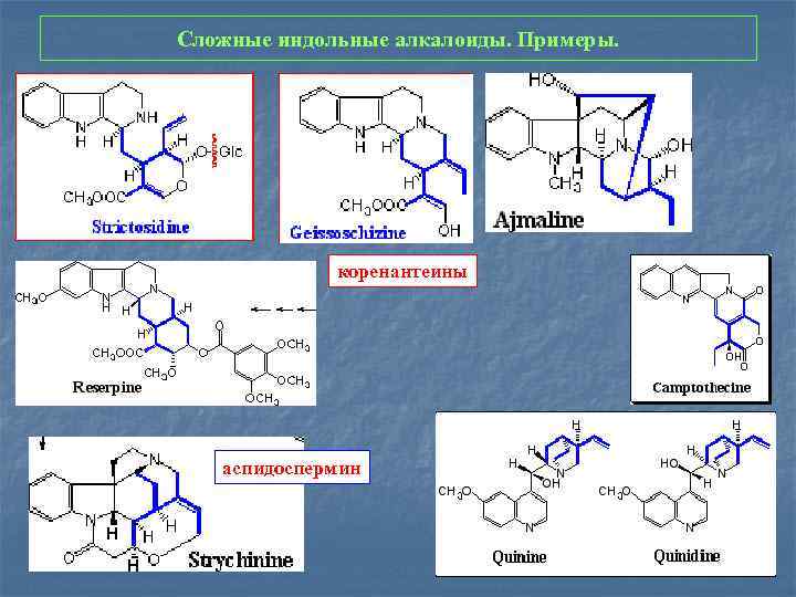 Сложные индольные алкалоиды. Примеры. коренантеины аспидоспермин 