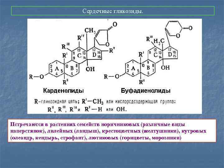 Сердечные гликозиды. Пстречаются в растениях семейств норичниковых (различные виды наперстянок), лилейных (ландыш), крестоцветных (желтушники),