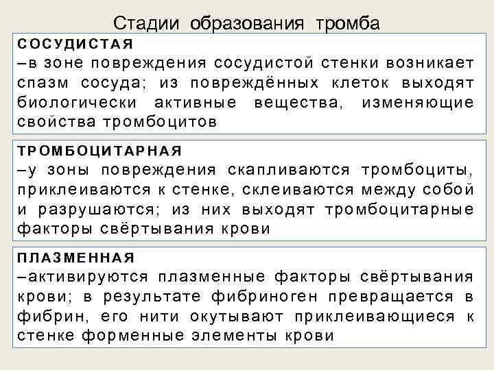 Стадии образования тромба СОСУДИСТАЯ –в зоне повреждения сосудистой стенки возникает спазм сосуда; из повреждённых