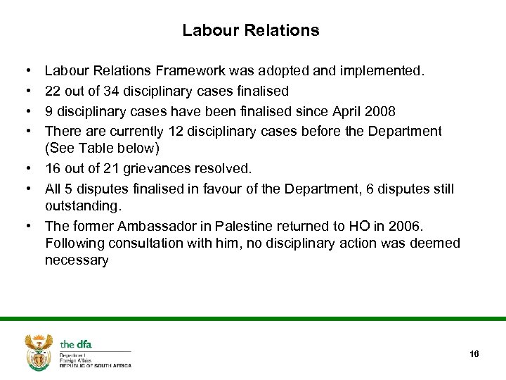 Labour Relations • • Labour Relations Framework was adopted and implemented. 22 out of