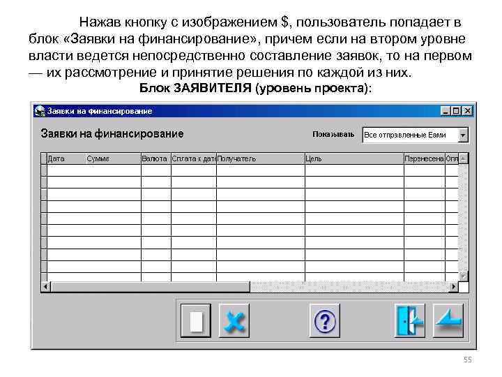 Нажав кнопку с изображением $, пользователь попадает в блок «Заявки на финансирование» , причем