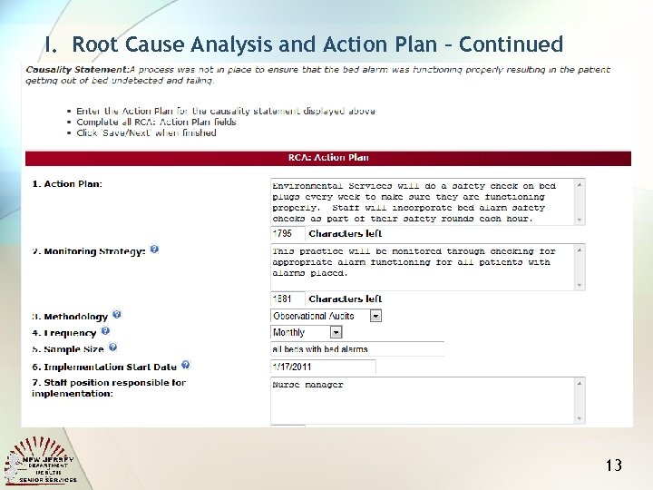 I. Root Cause Analysis and Action Plan – Continued 13 