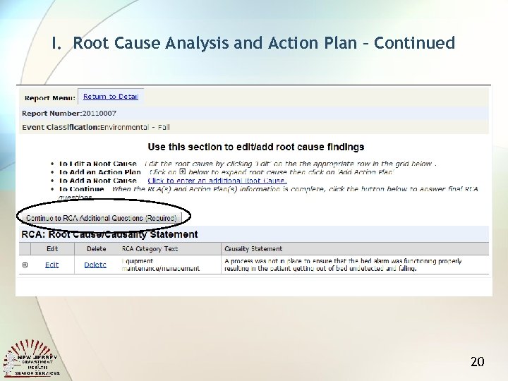 I. Root Cause Analysis and Action Plan – Continued 20 