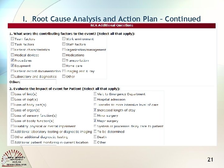 I. Root Cause Analysis and Action Plan – Continued 21 
