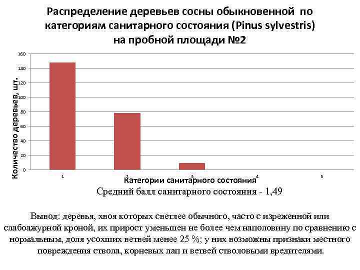 Распределение деревьев сосны обыкновенной по категориям санитарного состояния (Pinus sylvestris) на пробной площади №