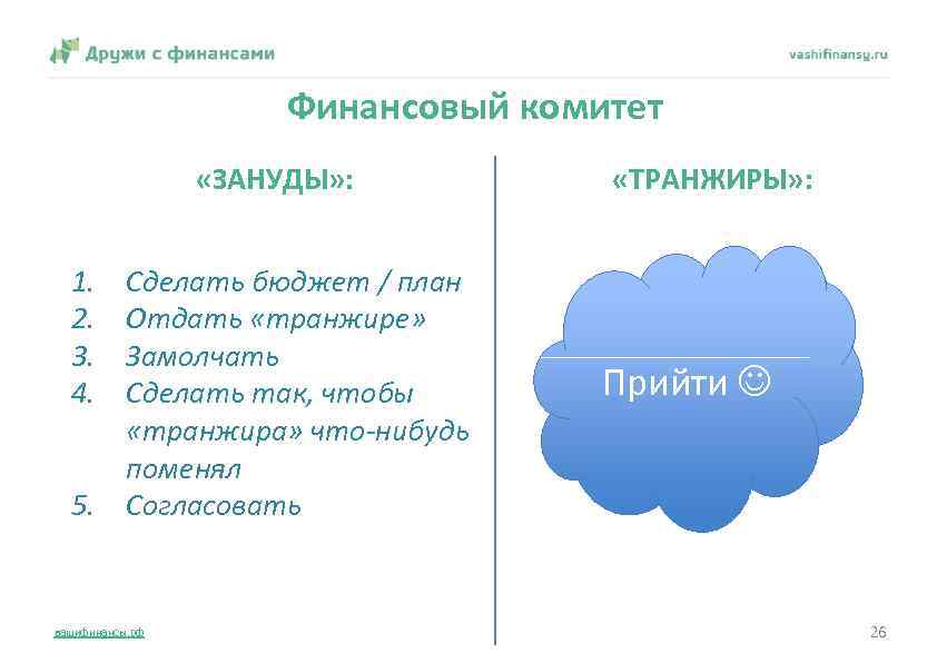 Финансовый комитет «ЗАНУДЫ» : 1. 2. 3. 4. Сделать бюджет / план Отдать «транжире»