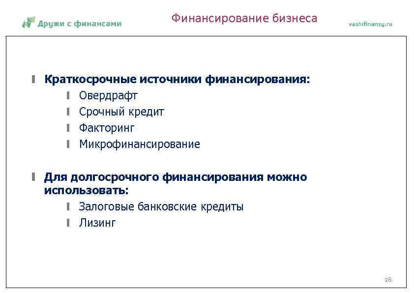 Финансирование бизнеса Краткосрочные источники финансирования: Овердрафт Срочный кредит Факторинг Микрофинансирование Для долгосрочного финансирования можно