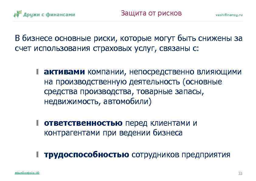 Защита от рисков В бизнесе основные риски, которые могут быть снижены за счет использования