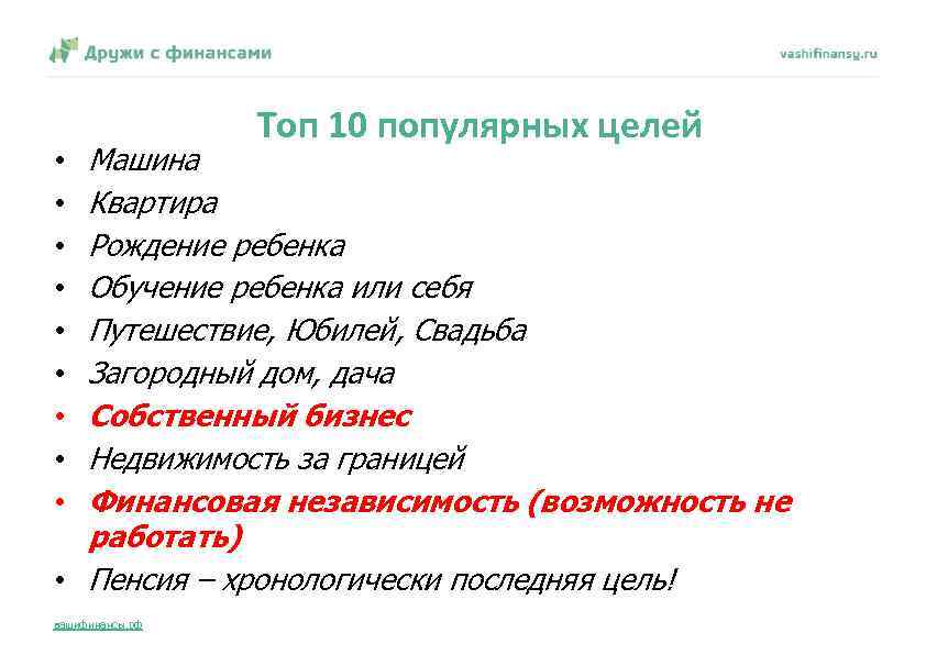 Топ 10 популярных целей Машина Квартира Рождение ребенка Обучение ребенка или себя Путешествие, Юбилей,