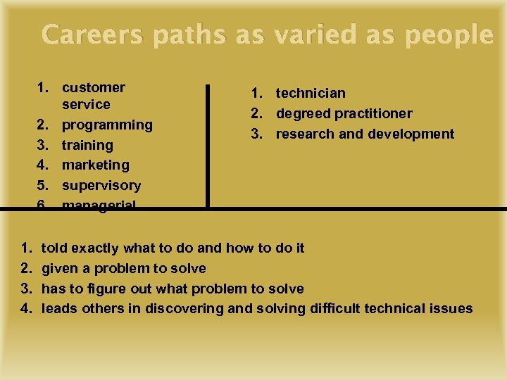 Careers paths as varied as people 1. customer service 2. programming 3. training 4.