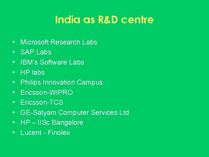 India as R&D centre • • • Microsoft Research Labs SAP Labs IBM’s Software