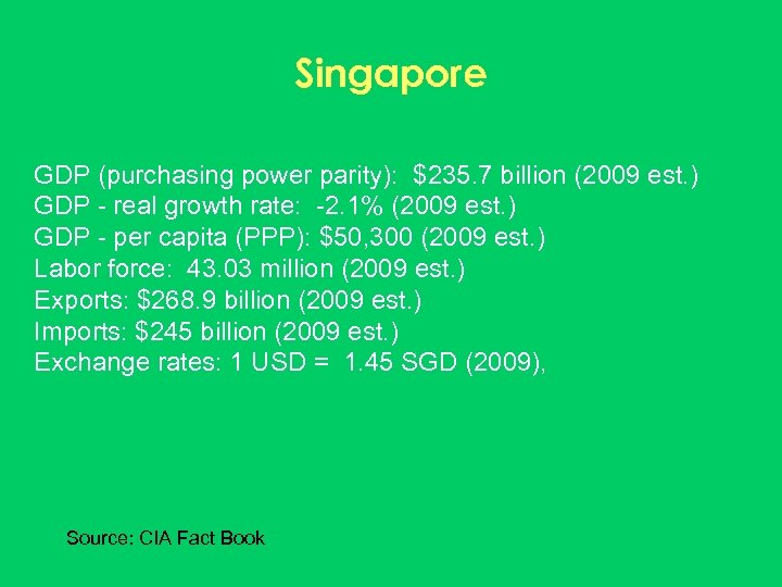 Singapore GDP (purchasing power parity): $235. 7 billion (2009 est. ) GDP - real