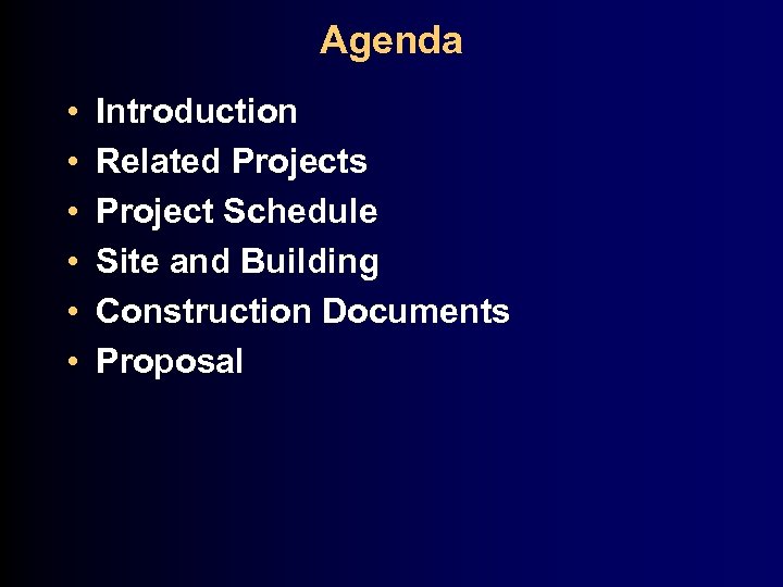 Agenda • • • Introduction Related Projects Project Schedule Site and Building Construction Documents