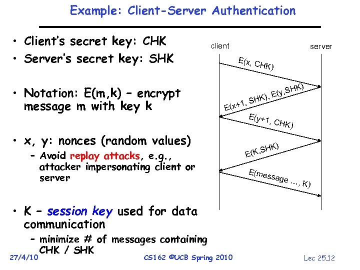 Example: Client-Server Authentication • Client’s secret key: CHK • Server’s secret key: SHK •